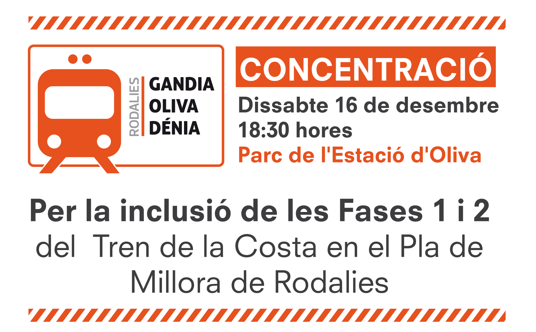 ‘Donem llum al tren’, lema de la concentració convocada a Oliva, el proper dissabte 16 de desembre, per reclamar l’arribada del tren