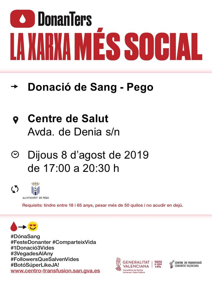 El pròxim dijous, 8 d’agost, hi haurà donació de sang al Centre de Salut de Pego