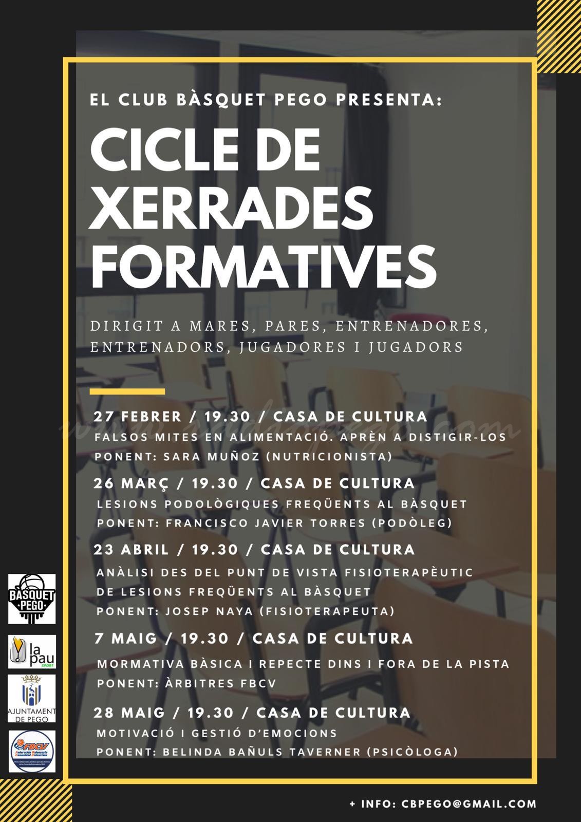 El CB Pego organitza un cicle de xerrades formatives relacionades amb el món del bàsquet