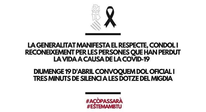 La Generalitat Valenciana declara demà 19 d’abril dia de dol per les víctimes de la COVID-19