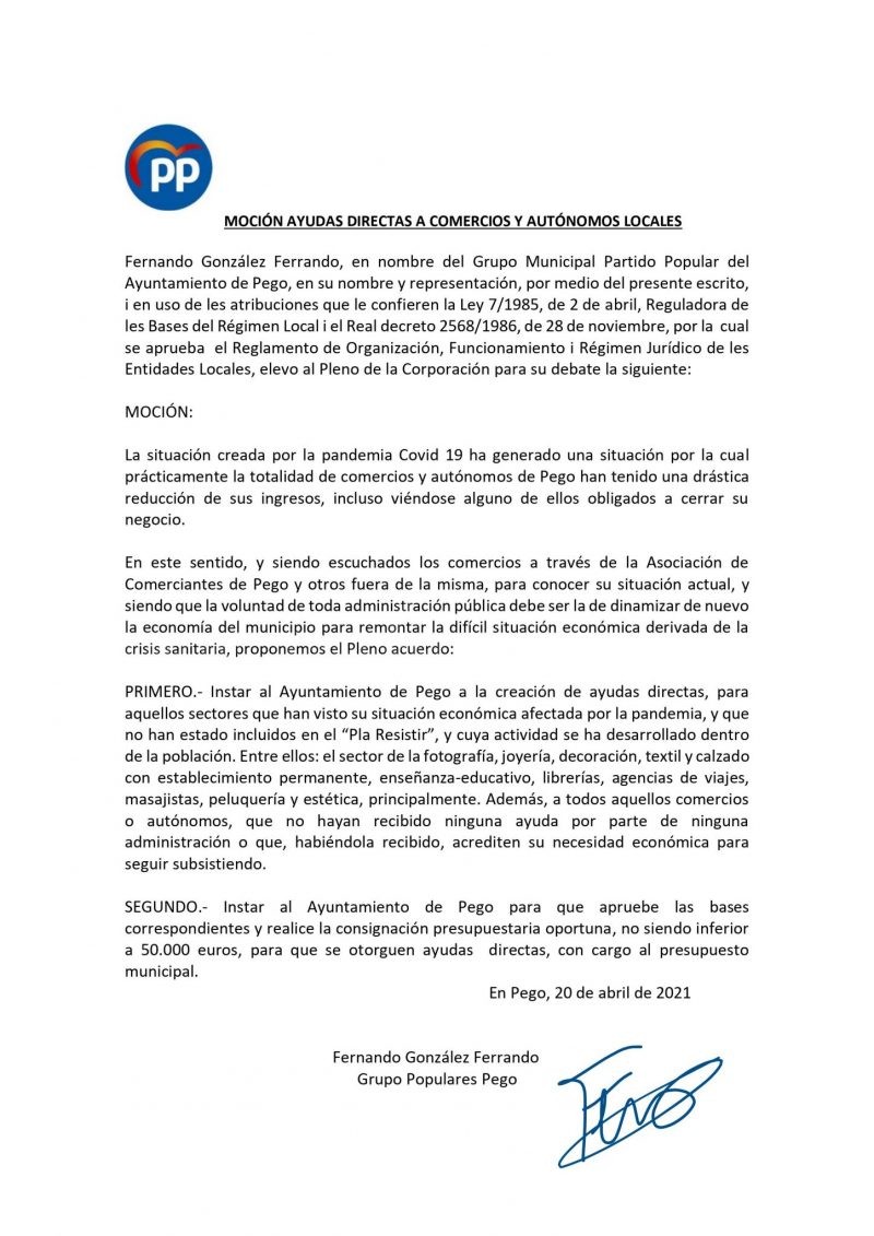 Populars Pego demanarà ajudes directes a comerços i autònoms locals en el pròxim plenari