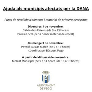 L’Ajuntament de Pego a partir de dilluns habilitarà el Mercat Municipal com a punt de recollida d’ajuda per a les poblacions afectades