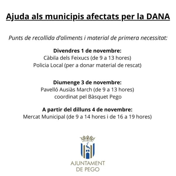 L’Ajuntament de Pego a partir de dilluns habilitarà el Mercat Municipal com a punt de recollida d’ajuda per a les poblacions afectades