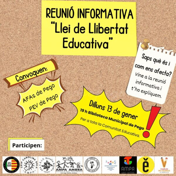 La Plataforma per a l’Ensenyament en Valencià de Pego informa hui sobre la importància de triar el valencià com a llengua base educativa