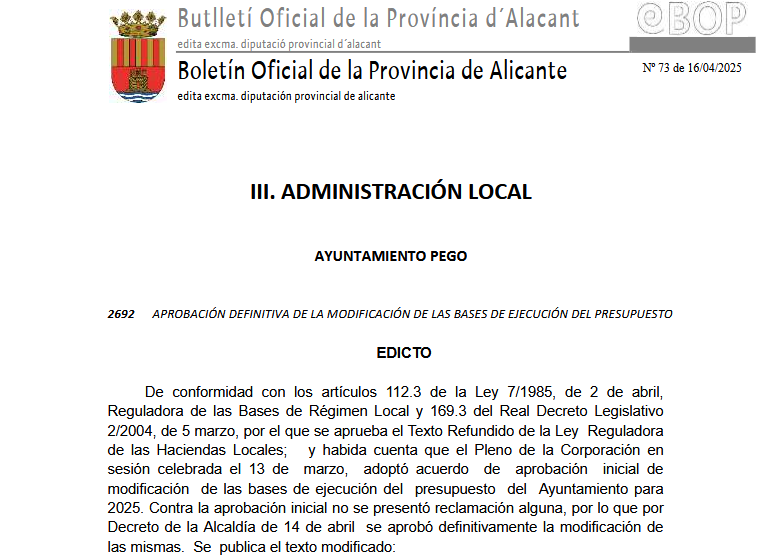 S’aprova definitivament la modificació de les bases d’execució del pressupost de Pego