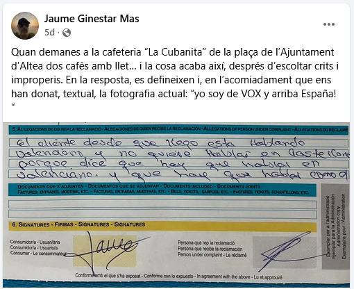 Dos veïns de Pego denuncien discriminació lingüística en una cafeteria d’Altea