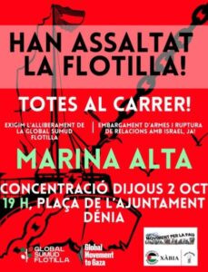 Concentració esta vesprada a Dénia per exigir l’alliberament dels activistes detinguts en l’assalt a la Global Sumud Flotilla