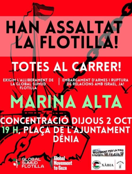 Concentració esta vesprada a Dénia per exigir l’alliberament dels activistes detinguts en l’assalt a la Global Sumud Flotilla