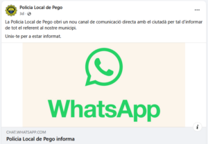 La Policia Local de Pego obri un canal de difusió de whatsapp