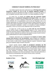 “Paralització immediata del PAI Pego-Golf’, és el que exigixen en un comunicat conjunt Guaitem la Terra, Pego Viu i Acció Ecologista Agró