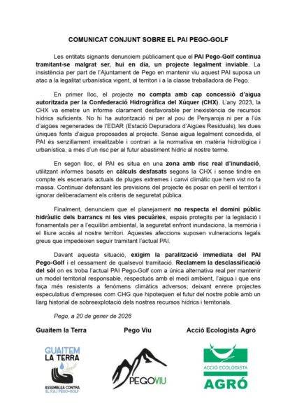 “Paralització immediata del PAI Pego-Golf’, és el que exigixen en un comunicat conjunt Guaitem la Terra, Pego Viu i Acció Ecologista Agró